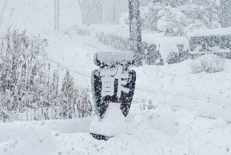 大雪で埋もれる看板